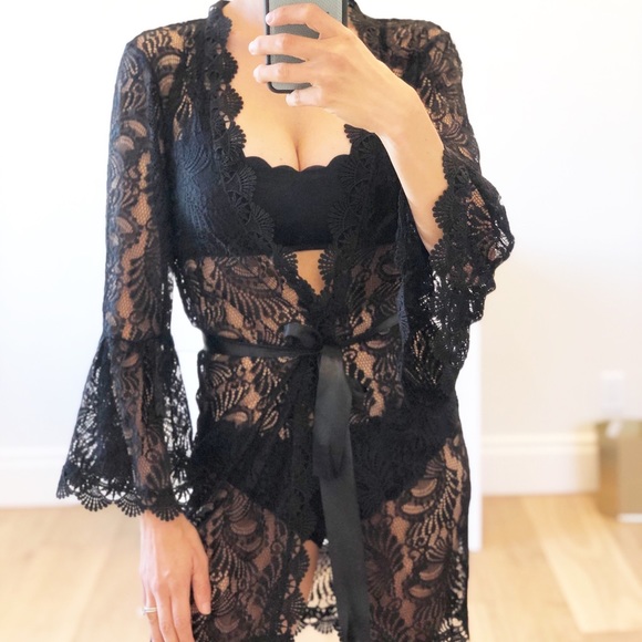 TAHITI Black Lace Coverup Robe w Sash - Picture 3 of 8